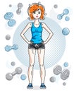 Young beautiful red-haired sporty woman standing on simple background with dumbbells and barbells. Vector character wearing short Royalty Free Stock Photo