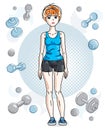 Young beautiful red-haired sporty woman standing on simple background with dumbbells and barbells. Vector character wearing short Royalty Free Stock Photo