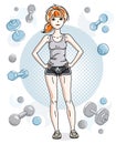 Young beautiful red-haired sporty woman standing on simple background with dumbbells and barbells. Vector character wearing short Royalty Free Stock Photo