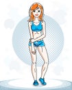 Young beautiful red-haired sporty woman standing. Vector character wearing shorts. Sport and fitness theme. Royalty Free Stock Photo