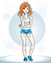 Young beautiful red-haired sporty woman standing. Vector character wearing shorts. Royalty Free Stock Photo