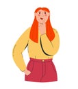 A young beautiful red haired woman ponders the question and holds her chin. In a yellow longsleeve and red trousers