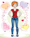 Young beautiful red-haired woman standing on colorful backdrop w Royalty Free Stock Photo