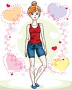 Young beautiful red-haired woman standing on colorful backdrop w Royalty Free Stock Photo