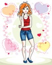 Young beautiful red-haired woman standing on colorful backdrop w Royalty Free Stock Photo