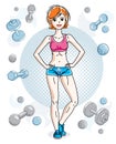 Young beautiful redhead athletic woman posing on simple background with dumbbells and barbells. Vector illustration of attractive Royalty Free Stock Photo