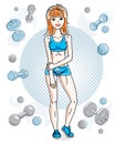 Young beautiful redhead athletic woman posing on simple background with dumbbells and barbells. Vector illustration of attractive Royalty Free Stock Photo