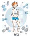 Young beautiful redhead athletic woman posing on simple background with dumbbells and barbells. Vector illustration of attractive Royalty Free Stock Photo