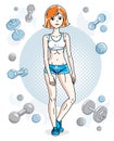 Young beautiful redhead athletic woman posing on simple background with dumbbells and barbells. Vector illustration of attractive Royalty Free Stock Photo