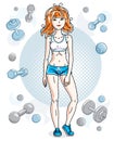 Young beautiful redhead athletic woman posing on simple background with dumbbells and barbells. Vector illustration of attractive Royalty Free Stock Photo