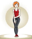 Young beautiful redhead athletic woman posing. Vector illustration of attractive female wearing leggings and T-shirt. Active and Royalty Free Stock Photo