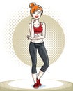 Young beautiful redhead athletic woman posing. Vector illustration of attractive female wearing leggings and short shirt. Active Royalty Free Stock Photo