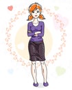 Young beautiful redhead woman adult standing on colorful background with Valentine hearts in modern casual clothes. Vector nice l Royalty Free Stock Photo
