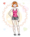 Young beautiful redhead woman adult standing on colorful background with Valentine hearts in modern casual clothes. Vector nice l Royalty Free Stock Photo