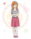 Young beautiful redhead woman adult standing on colorful background with Valentine hearts in modern casual clothes. Vector nice Royalty Free Stock Photo