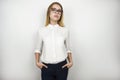 Young beautiful self-confident business woman in eyeglasses after successful business meeting isolated white background Royalty Free Stock Photo