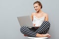 Young beautiful smart woman using laptop pc computer for study Royalty Free Stock Photo