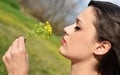 Young beautiful smells flowers Royalty Free Stock Photo