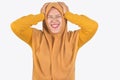 Young beautiful smiling Asian woman express surprised and excited, face expression of Muslim asian woman wearing hijab isolated Royalty Free Stock Photo