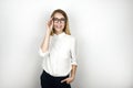 Young beautiful smiling blonde business woman in eyeglasses after successful interview business meeting isolated white Royalty Free Stock Photo