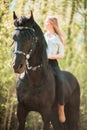 Brunette woman riding dark horse at summer green forest. Royalty Free Stock Photo