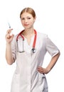 Young beautiful smiling female doctor in white smock with red st