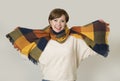 Young beautiful and stylish 30s red hair woman sweater and Autumn colorful scarf smiling happy Royalty Free Stock Photo