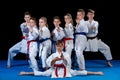 Young, beautiful, successful multi ethical karate kids in karate position. Royalty Free Stock Photo