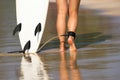 Young beautiful surfer girl on beach with surf board at day break Royalty Free Stock Photo