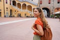 Young beautiful tourist woman visiting Piazza del Municipio square in Ferrara, Italy Royalty Free Stock Photo