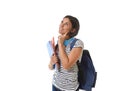 Young beautiful and trendy latin student girl holding notepad folder and book carrying backpack thinking happy Royalty Free Stock Photo