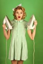 Young beautiful vintage housewife ironing Royalty Free Stock Photo