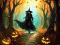 young beautiful witch in a black cloak and a magic hat is walking through the autumn fores