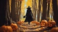 A young beautiful witch in a black cloak and a magic hat walks through the autumn yellow forest