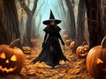 A young beautiful witch in a black cloak and a magic hat walks through the autumn yellow forest