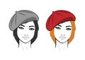 Young beautiful woman in beret. Portrait of fashionable girl. Decorative design element for cards, t shirt prints