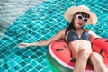 Young beautiful woman bikini in ring float inflatable watermelon Royalty Free Stock Photo