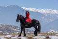 Young beautiful woman on black horse in riding in Transylvania mountains