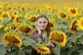 Young beautiful woman on blooming sunflower field in summer, health and lifestyle Royalty Free Stock Photo