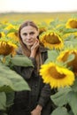 Young beautiful woman on blooming sunflower field in summer, health and lifestyle Royalty Free Stock Photo