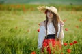 Young beautiful woman on cereal field with poppies Royalty Free Stock Photo