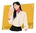 young beautiful woman character posing taking selfie. holding and using a smartphone camera. cartoon vector illustration. Royalty Free Stock Photo