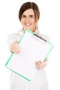 Young beautiful woman with a clear paper sheet