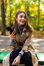 Young beautiful woman in a coat writes a message in the phone while sitting on a bench in the autumn park Royalty Free Stock Photo