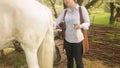 beautiful woman combs the mane and tail of a horse with a wooden comb. Spray for hair care. easy brushing, pet care