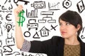 Young beautiful woman drawing money symbol with Royalty Free Stock Photo