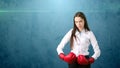 Young beautiful woman dress in white shirt standing in combat pose with red boxing gloves. Business concept. Royalty Free Stock Photo