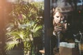 Young beautiful woman drinking tea in cafe Royalty Free Stock Photo