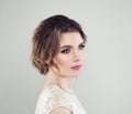 Young beautiful woman face closeup portrait. Perfect makeup, bridal hairstyle Royalty Free Stock Photo