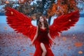 Young beautiful woman fallen angel stands in the park near a tree with orange falling leaves. Creative red suit, huge Royalty Free Stock Photo